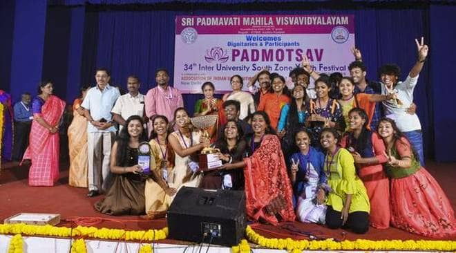 University of Kerala receiving the Overall Championship Trophy again in the 34th Inter University South Zone Youth Festival 2018-19 at Sri Padmavati Mahila Viswa Vidyalayam (Spmvv) Tirupati, Andhra Pradesh.
