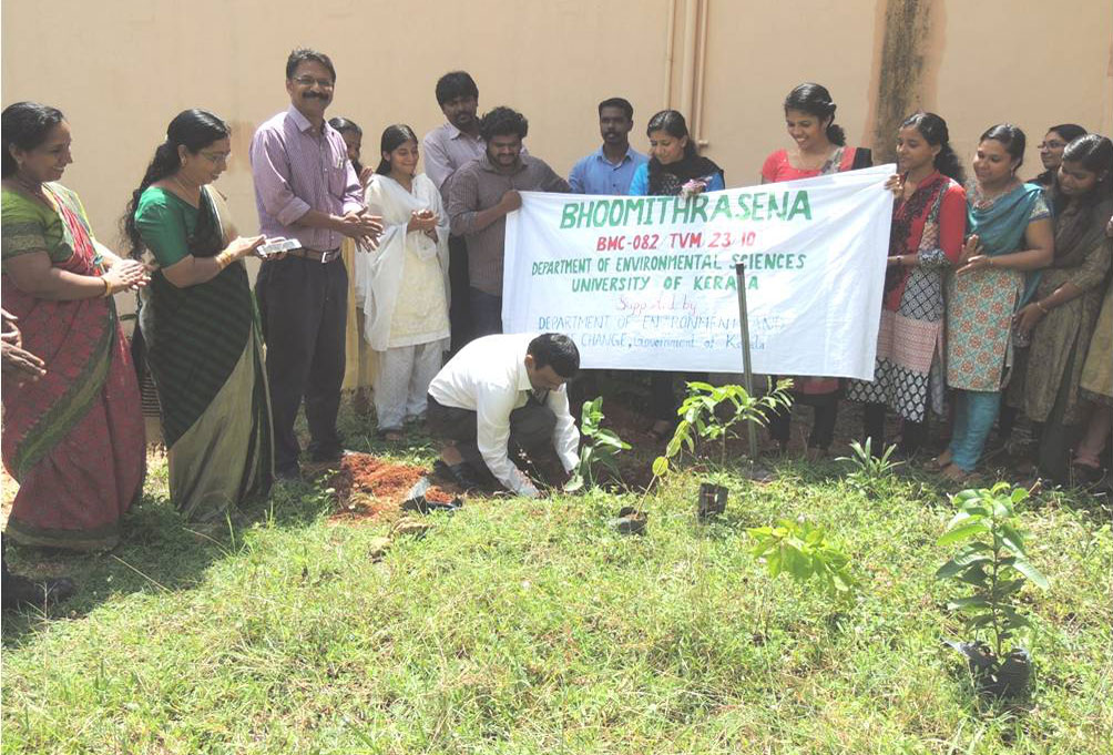 Sri. R. Dilip, Joint Registrar, Univ. of Kerala, Kariavattom inaugurating the planting of sapling organized by the Bhoomitrasena of the Dept. of Environmental Sciences, Univ. of Kerala.